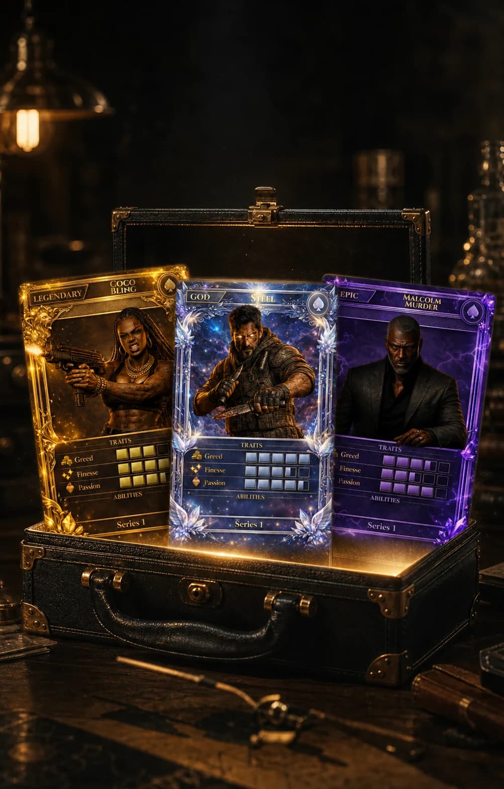 Three collectible Capo cards in an evidence case